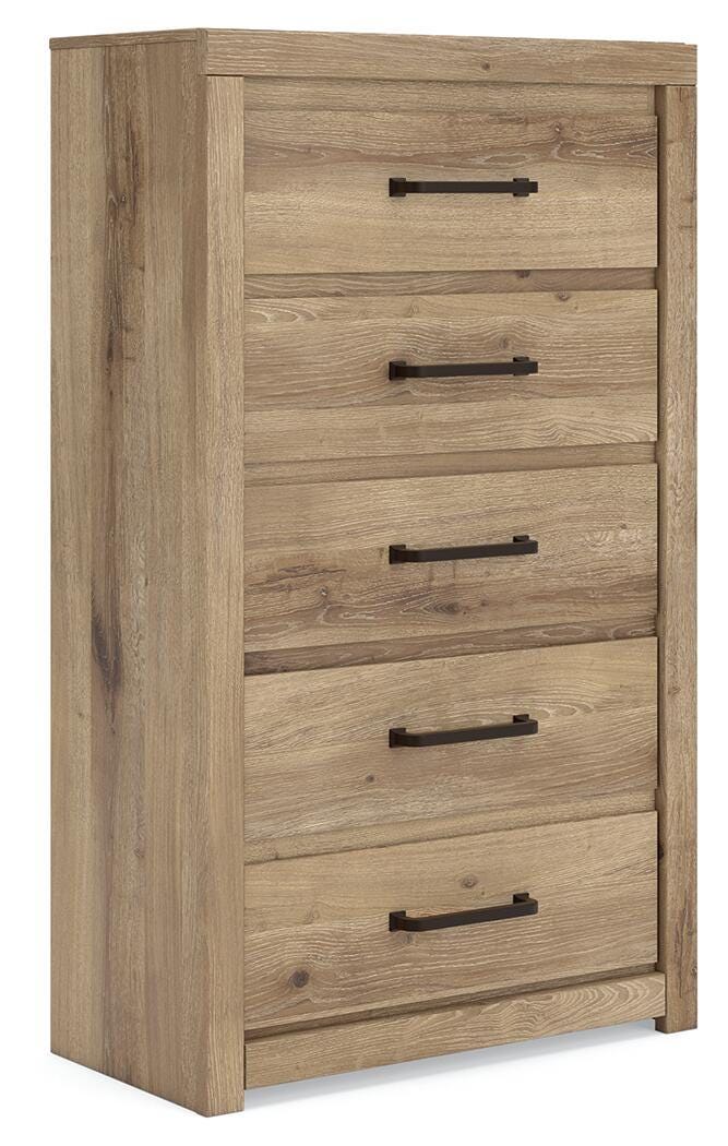 Benchcraft® Brozmont five-drawer chest in tan, an accent chest with sleek drawers and modern design for stylish storage.