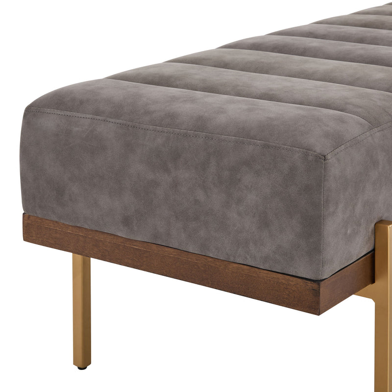 Noble House Thorian luxury upholstered ottoman bench with gray fabric, channel tufting, and gold metal base, showcasing elegant design.
