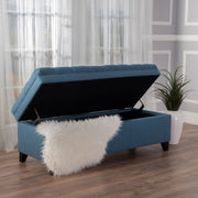Noble House Juliana storage ottoman with white fabric and birch wood legs, versatile furniture piece for living room storage