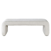 ACME Sandro beige boucle upholstered bench with wooden legs, stylish and comfortable for living room or bedroom decor.