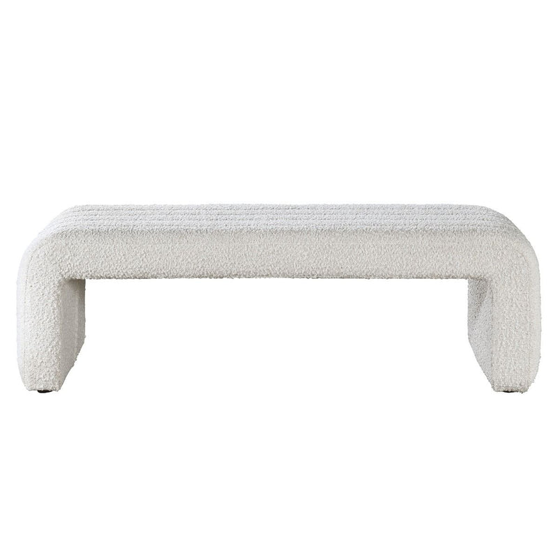 ACME Sandro beige boucle upholstered bench with wooden legs, stylish and comfortable for living room or bedroom decor.