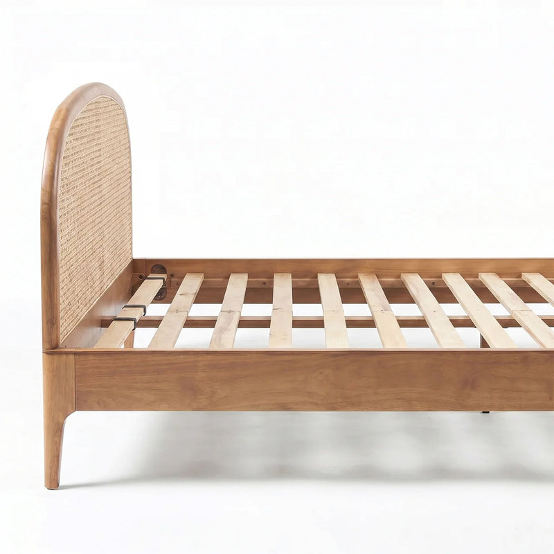 TOV Furniture Mico Rattan Panel Bed with a woven rattan headboard and wooden frame, showcasing stylish and natural bedroom furniture.