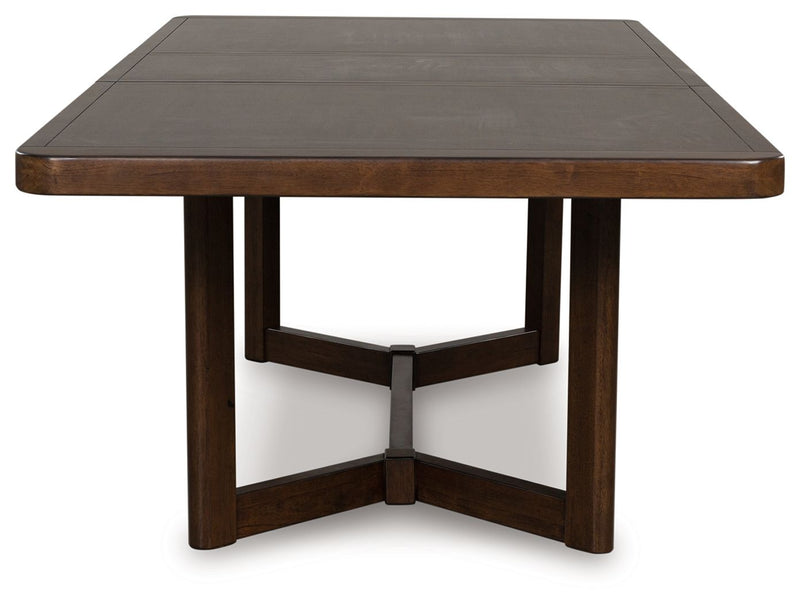 Rectangular Dilenno dining room extension table in dark brown wood, with extended surface and sturdy legs, by Signature Design Ashley.