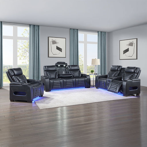 Ephron - Power Motion Sofa With Dropdown Table, Wireless Charging, Reading Light, Power Headrests & LED - Black - R&R Furniture Gallery (Fountain Valley, CA)