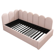 Artistry At Home upholstered daybed with metal slatted base, featuring plush fabric and sturdy metal support for a modern bedroom look.