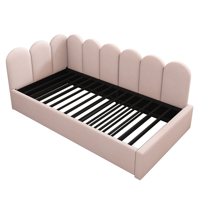 Artistry At Home upholstered daybed with metal slatted base, featuring plush fabric and sturdy metal support for a modern bedroom look.