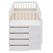 DreamHaus bunk bed with four drawers and three shelves, featuring sturdy frame and space-saving design for kids' bedrooms.