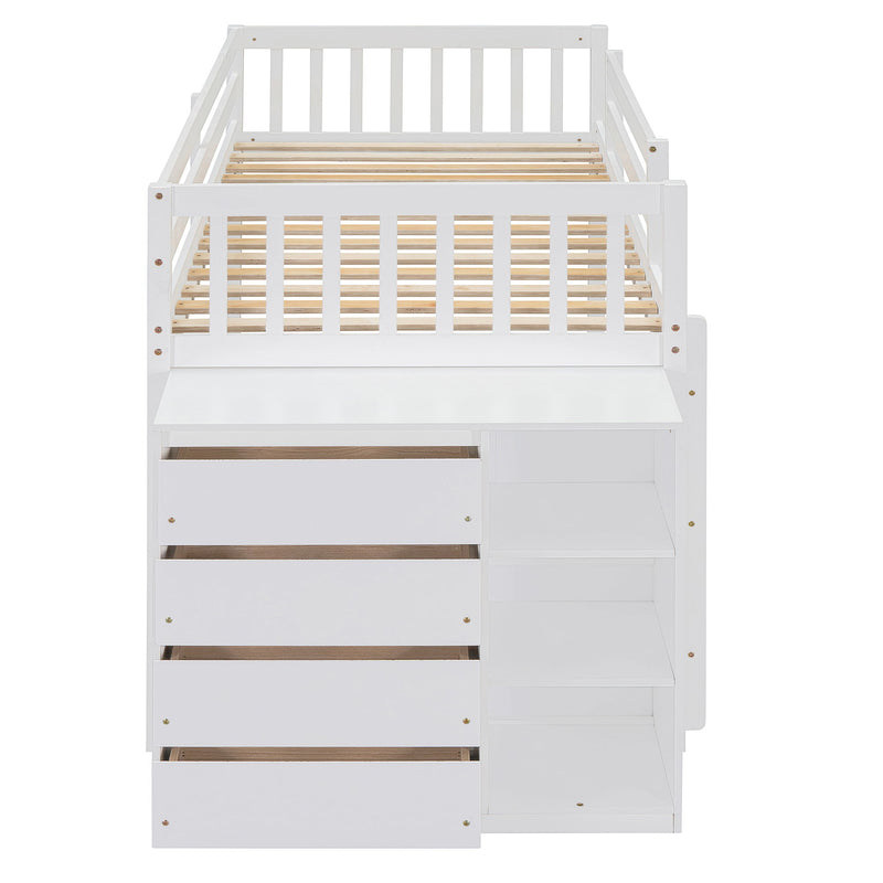 DreamHaus bunk bed with four drawers and three shelves, featuring sturdy frame and space-saving design for kids' bedrooms.