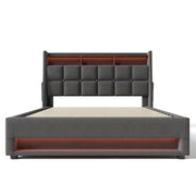 Artistry At Home upholstered platform bed with hydraulic storage, LED lights, and USB charging ports, shown without mattress.
