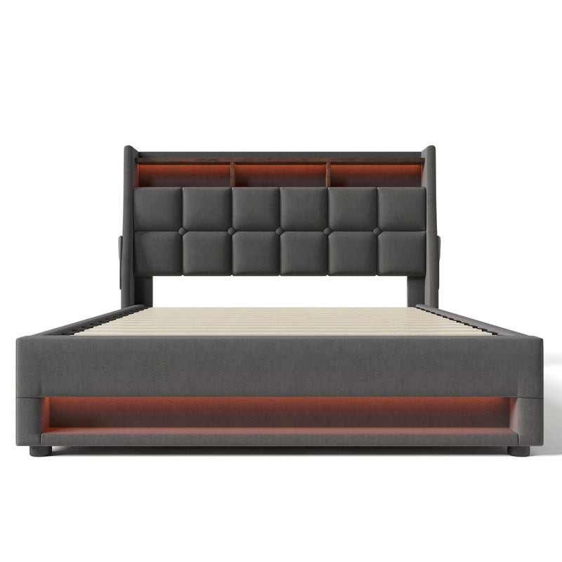 Artistry At Home upholstered platform bed with hydraulic storage, LED lights, and USB charging ports, shown without mattress.