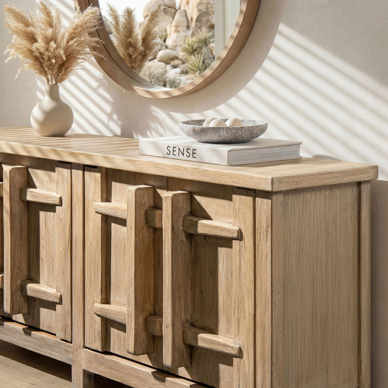 Jennifer Taylor Home Rowan 4-door sideboard cabinet in natural wood finish, showcasing spacious storage and sleek design.