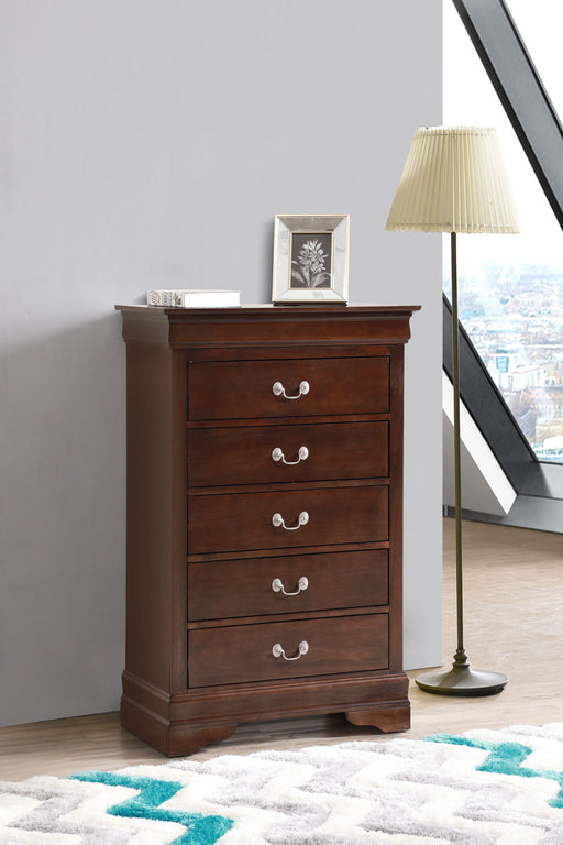 Louis Phillipe accent chest by Glory Furniture featuring a wooden finish, decorative drawer pulls, and a stylish, functional storage design.