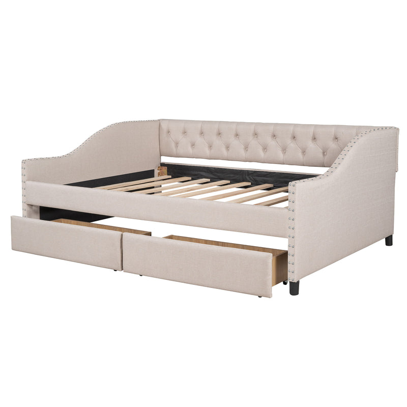 DreamHaus upholstered storage daybed with two drawers and wood slat support, featuring a comfortable fabric-upholstered frame.