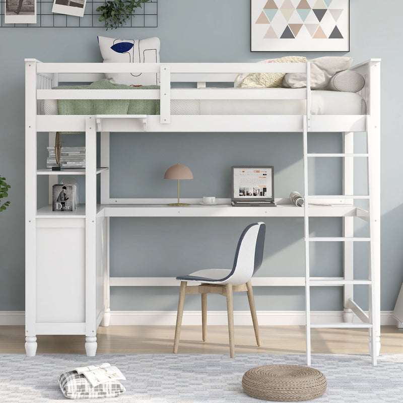 DreamHaus loft bed with integrated drawers, desk, and shelves, showcasing a modern space-saving design for bedrooms.