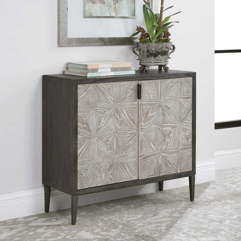 Uttermost Laurentia black and pearl silver 2-door accent cabinet with modern design and sleek finish, showcasing stylish storage furniture.