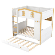 White full over full bunk bed with integrated storage shelves and trundle from Dreamland, showcasing sturdy frame and space-saving design.