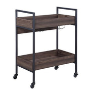 ACME Jerrick serving cart with walnut wood shelves and black metal frame, designed as a stylish bar cart for home or entertainment spaces.