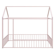 Halcyon Home metal house bed frame with canopy and fence, sturdy metal construction, ideal for children's bedroom decor.