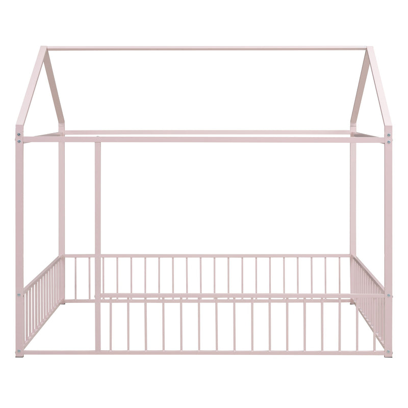 Halcyon Home metal house bed frame with canopy and fence, sturdy metal construction, ideal for children's bedroom decor.
