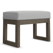 Simpli-Home Milltown upholstered ottoman bench with soft fabric and wooden legs, ideal for living room or bedroom decor.