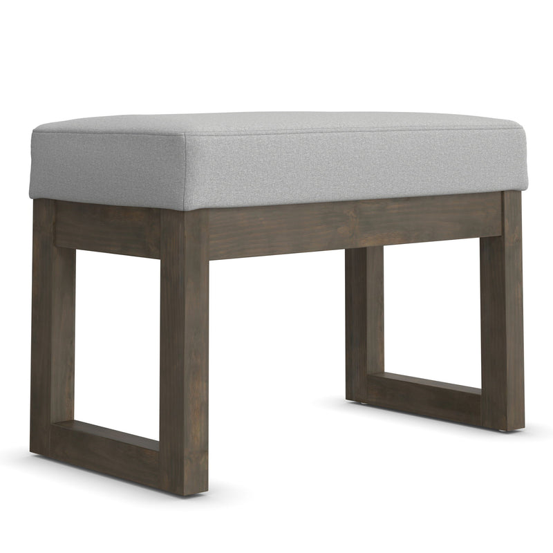Simpli-Home Milltown upholstered ottoman bench with soft fabric and wooden legs, ideal for living room or bedroom decor.