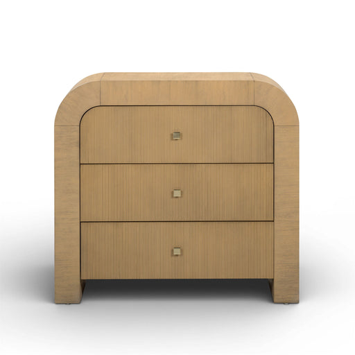 TOV Furniture Hump bedside chest with wood finish and modern design, featuring drawer handles and compact storage space.