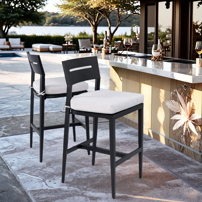 Set of two Life Outside modern outdoor bar stools with backrests and footrests, featuring sleek design and durable materials.