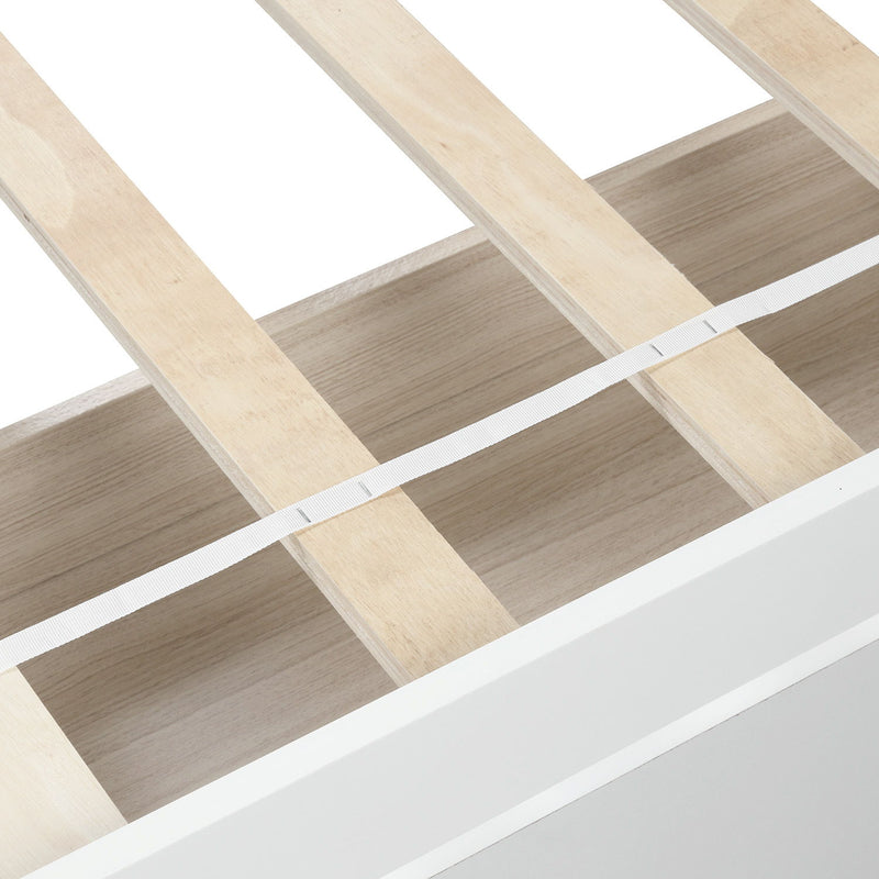 DreamHaus platform storage bed with wood frame, two built-in drawers, and upholstered headboard for modern bedroom storage.
