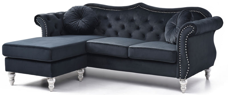 Glory Furniture Hollywood stationary sectional sofa with chaise, fabric upholstery and modern design, shown in a stylish living room setting.