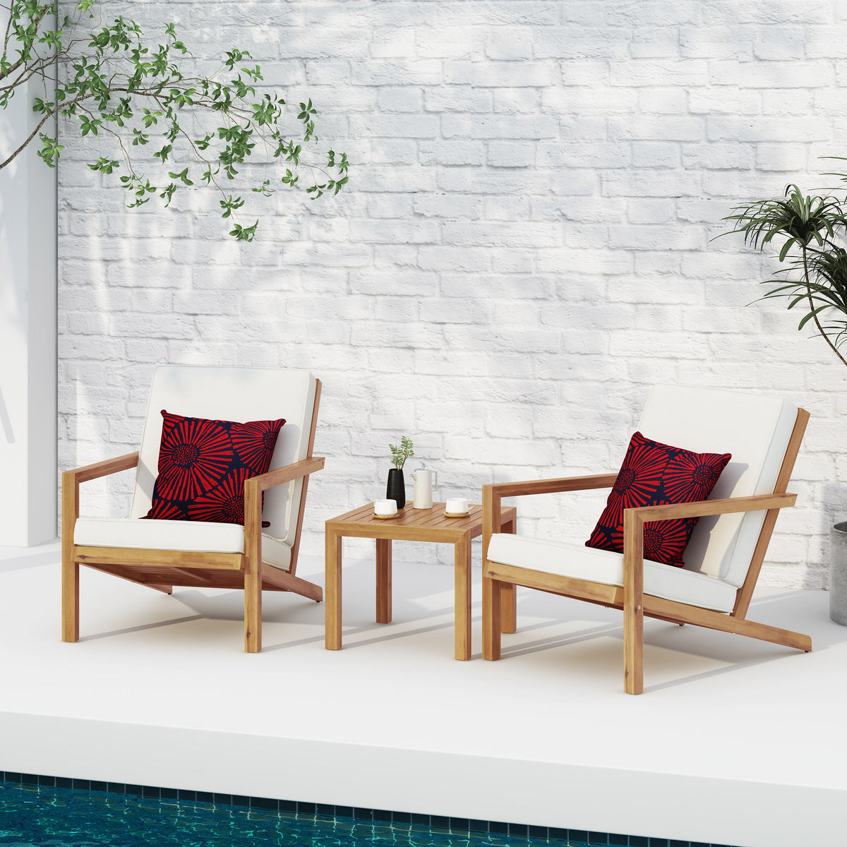3 Piece Outdoor Chat Set With Table And 2 Adirondack Chairs - White / Brown Patina