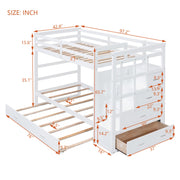 White DreamHaus twin over twin bunk bed with staircase and trundle, featuring a sturdy frame and built-in storage options.
