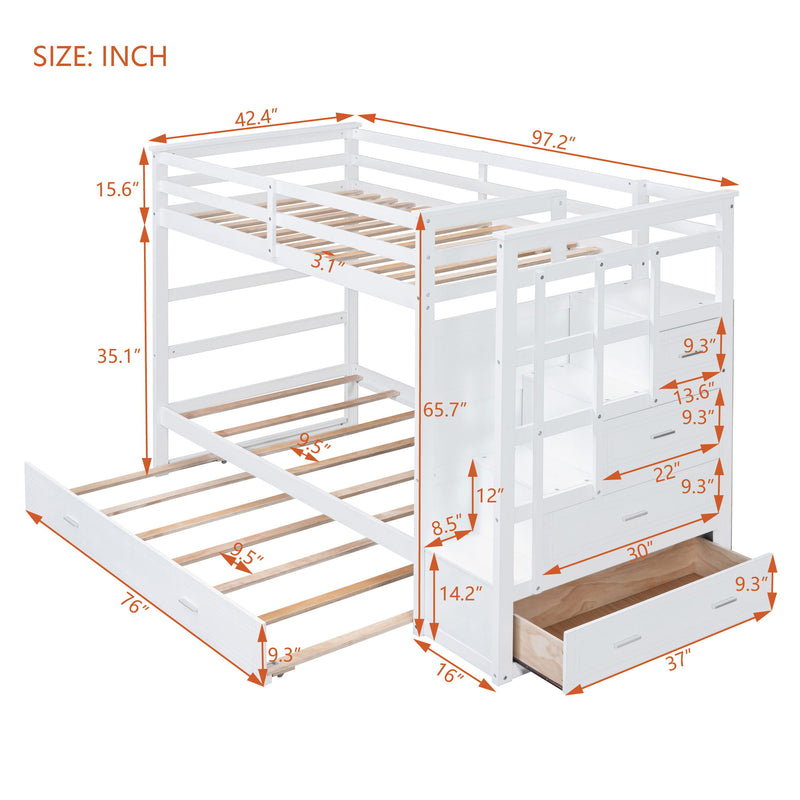 White DreamHaus twin over twin bunk bed with staircase and trundle, featuring a sturdy frame and built-in storage options.