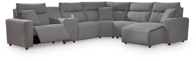 Signature Design by Ashley Modmax II reclining sectional in salt and pepper fabric, showing its plush cushions and reclining features.