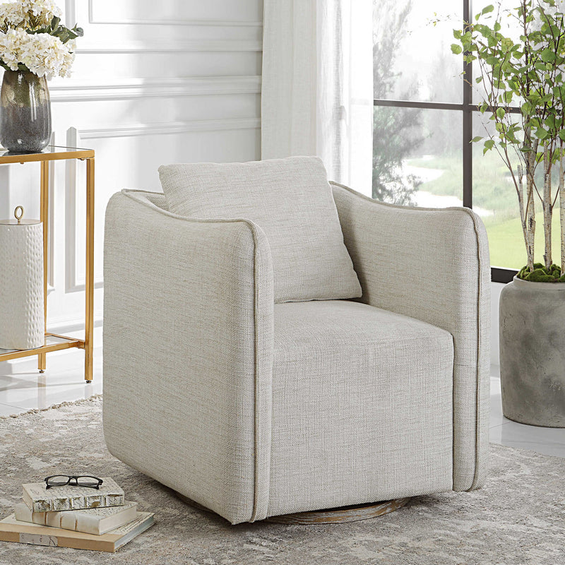 Uttermost Corben silver swivel armchair with modern design, featuring a sleek, rounded shape and cushioned seat for comfortable seating.
