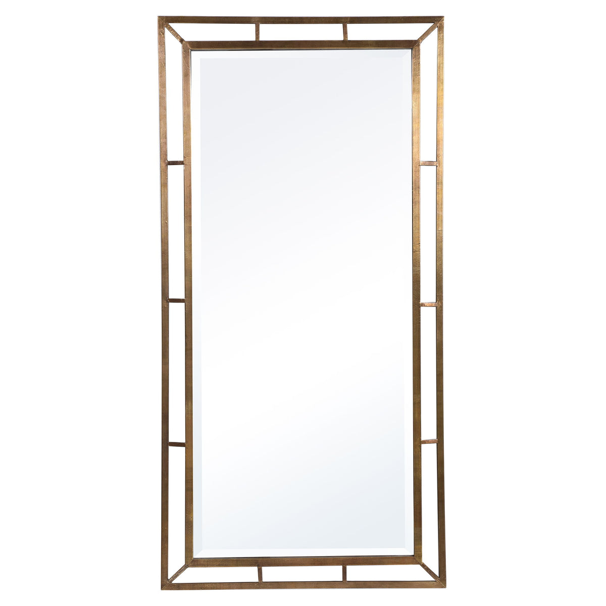 Farrow copper industrial wall mirror by Uttermost with a round gold-toned frame and vintage-inspired design