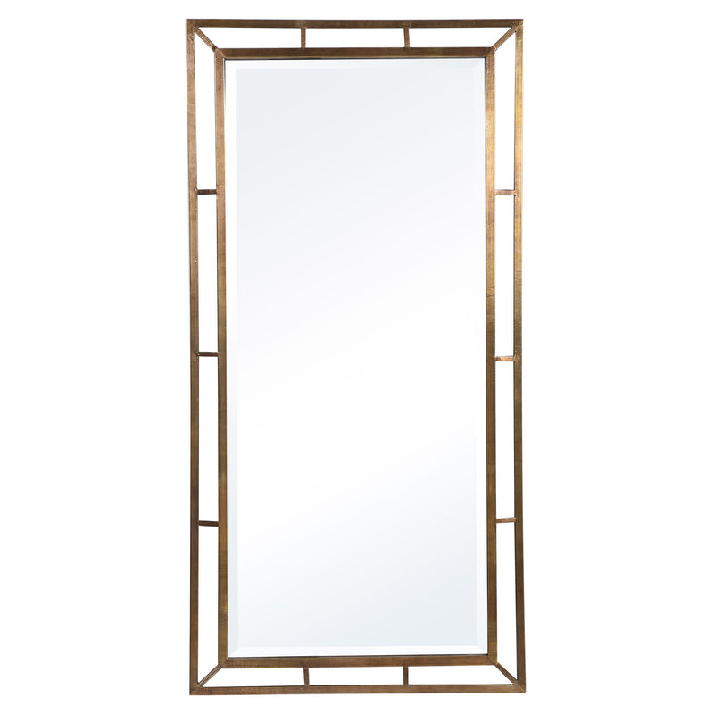 Farrow copper industrial wall mirror by Uttermost with a round gold-toned frame and vintage-inspired design