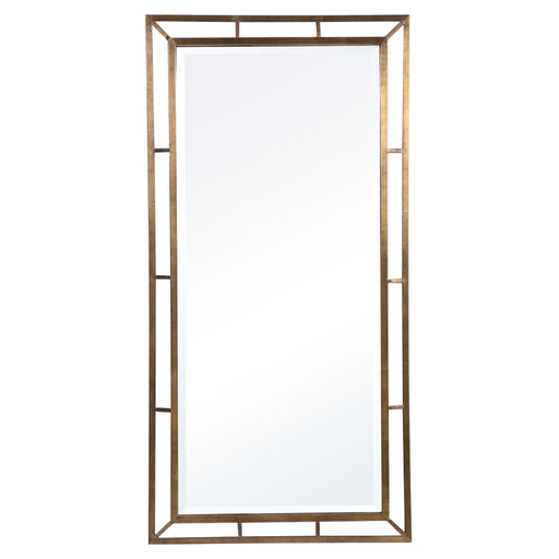 Farrow copper industrial wall mirror by Uttermost with a round gold-toned frame and vintage-inspired design
