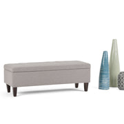 Simpli-Home Monroe upholstered storage ottoman with soft fabric and concealed storage space in a modern design