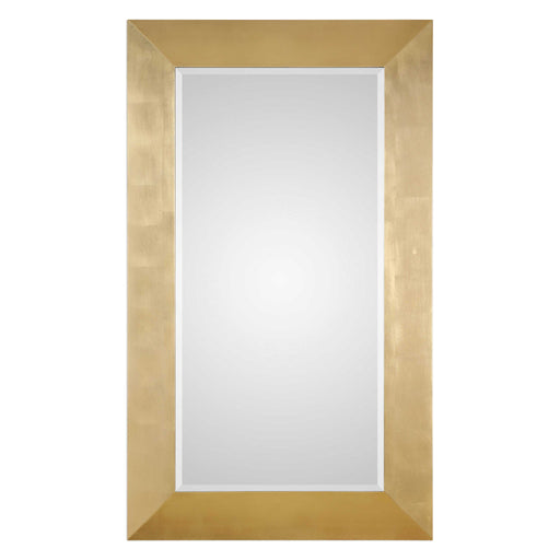 Uttermost Chaney gold wall mirror with a sleek, modern frame, mounted on a wall for stylish home decor.