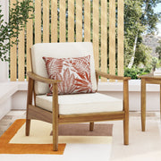 Noble House Emmry outdoor acacia wood club arm chair with cushioned seat and backrest for patio or garden seating.