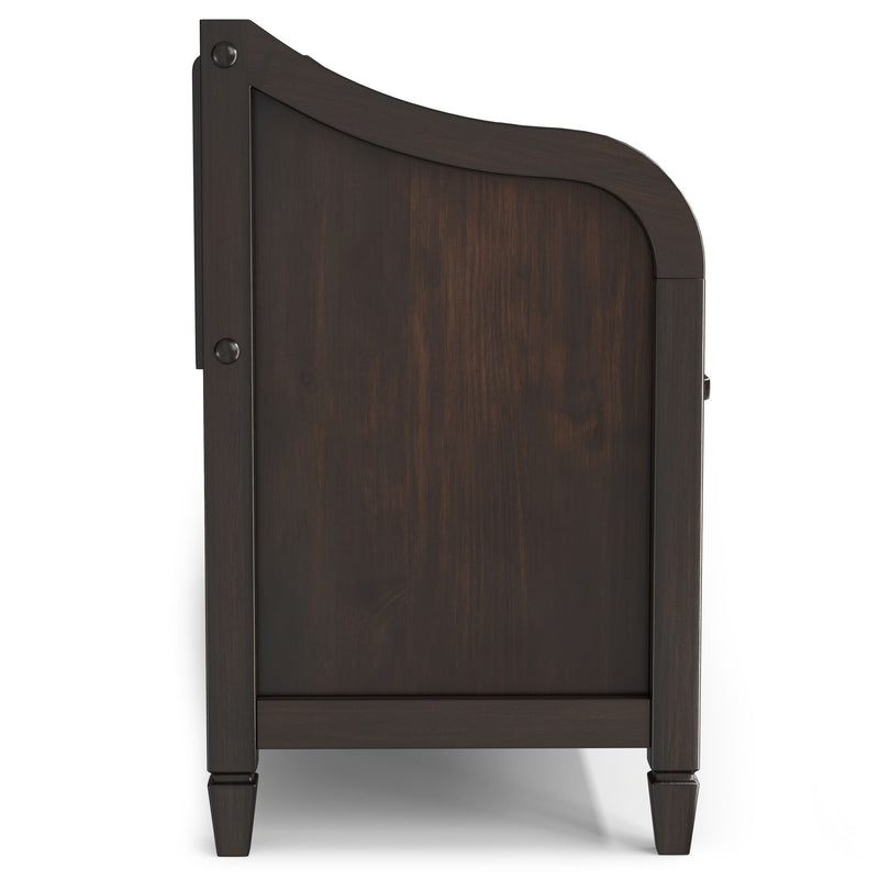 Simpli-Home Connaught storage bench with cushioned top and wooden base, ideal for entryway or living room seating and storage.