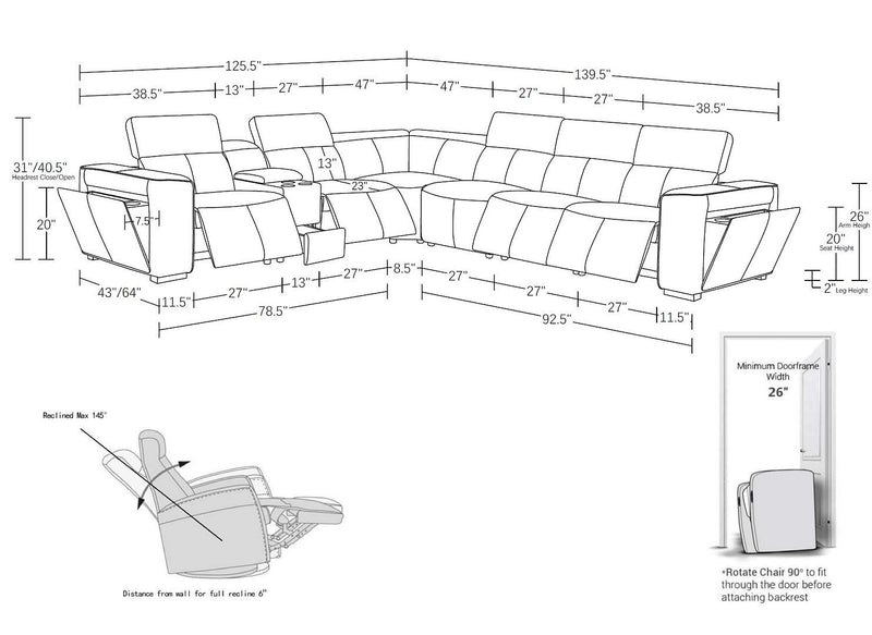 1224 - 7-Piece L-Shaped Sectional Sofa In With 4 Power Recliners & Power Headrests