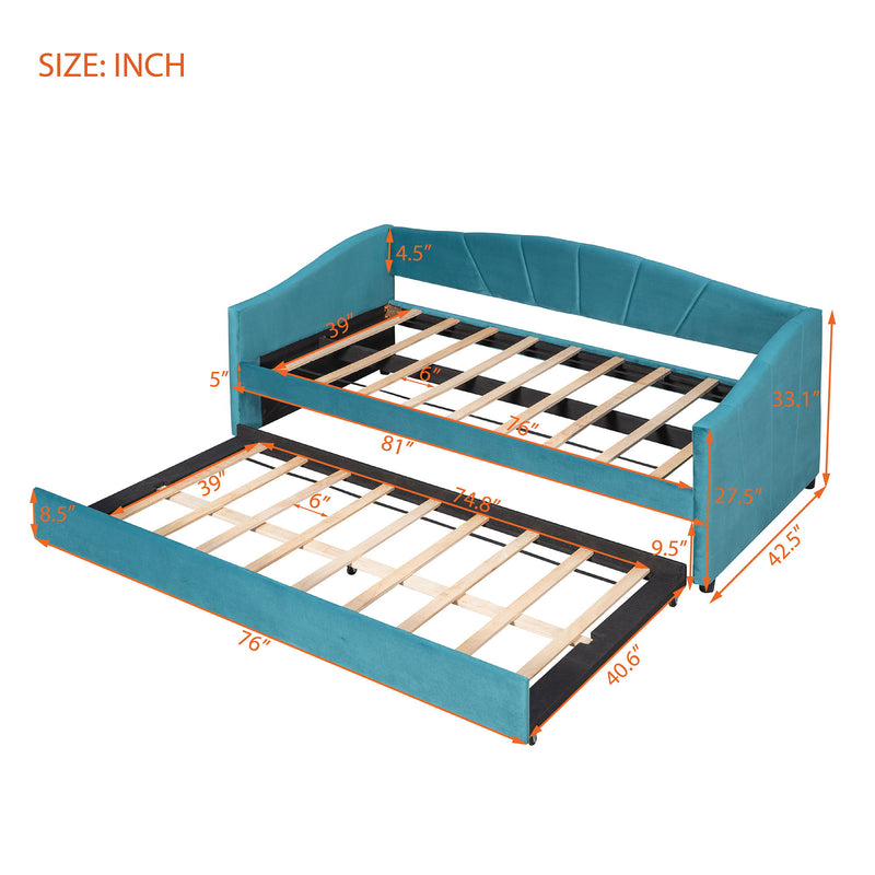 DreamHaus upholstered daybed sofa bed with trundle and wood slat support, featuring plush fabric and multi-functional design.