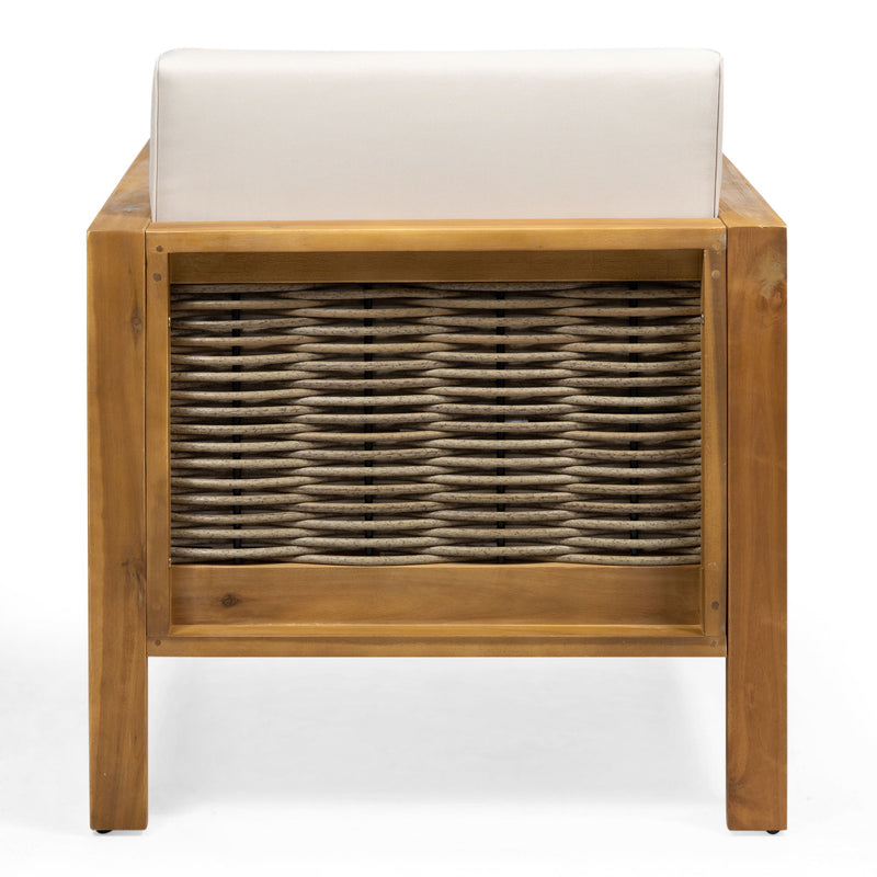 Outdoor 4-seater acacia wood chat set with wicker accents and beige cushions, ideal for patio relaxation.