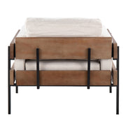 Lumi Source Kari farmhouse design accent chair with wooden legs and plush fabric upholstery, showcasing a stylish, comfortable seating option.
