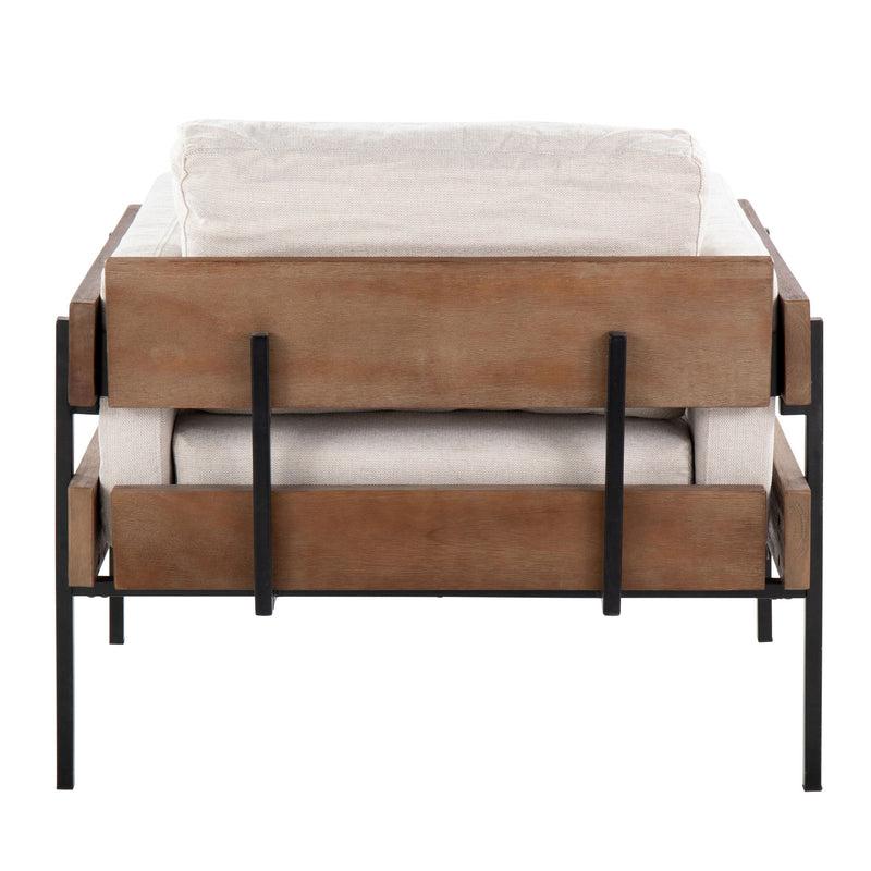 Lumi Source Kari farmhouse design accent chair with wooden legs and plush fabric upholstery, showcasing a stylish, comfortable seating option.