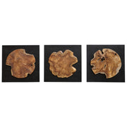 Set of three teak wood wall decor pieces by Uttermost, featuring natural textured wooden panels for stylish interior decoration.