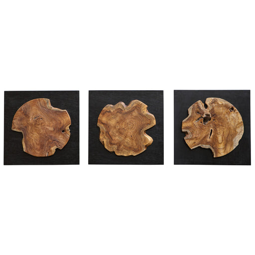 Set of three teak wood wall decor pieces by Uttermost, featuring natural textured wooden panels for stylish interior decoration.