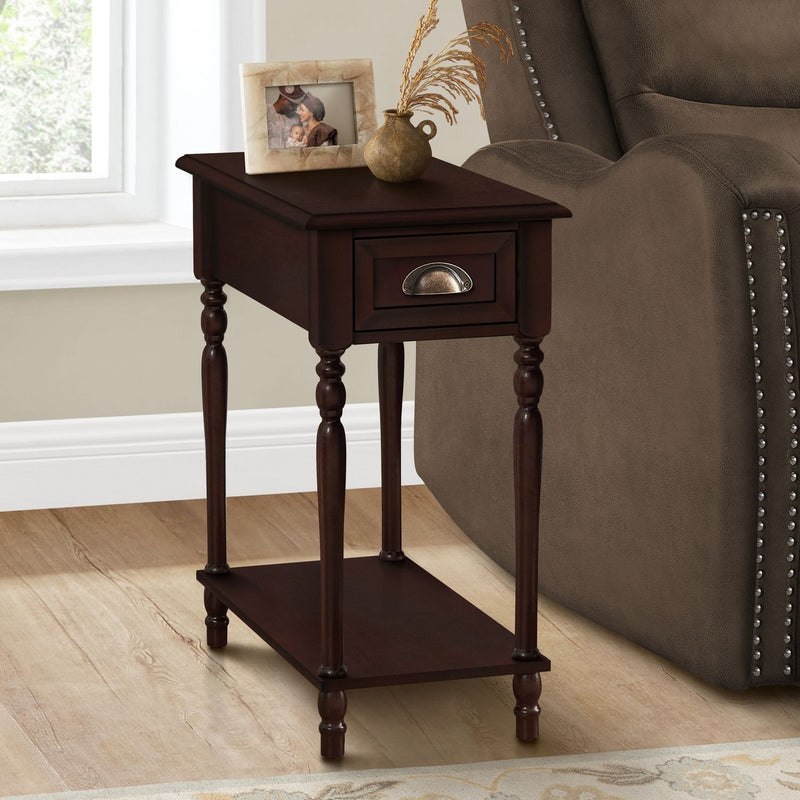 8th Street accent side table with two tiers, storage drawer, traditional style, featuring a stylish design and functional surface.