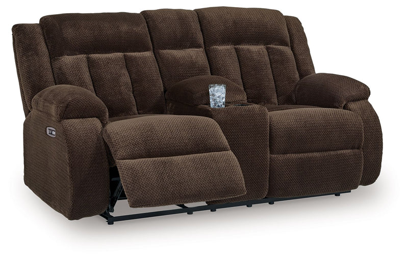 Free Wake - Double Relcining Power Loveseat With Console - Chocolate - R&R Furniture Gallery (Fountain Valley, CA)
